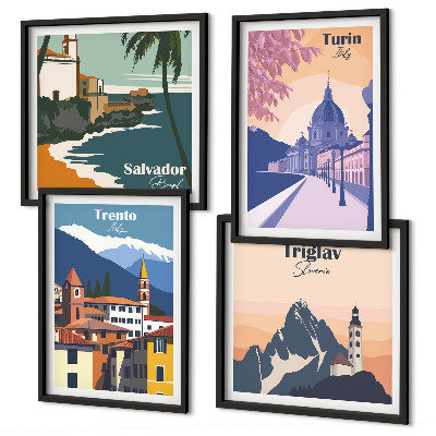 Set de 4 cuadros para salón Ilustraciones de arquitectura retro de montaña