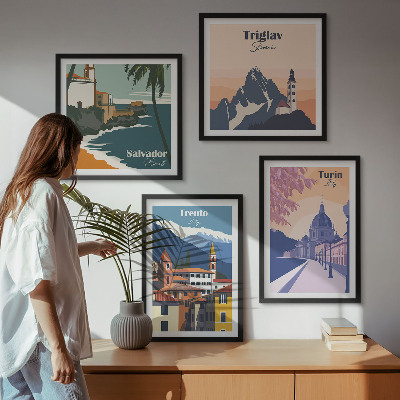 Set de 4 cuadros para salón Ilustraciones de arquitectura retro de montaña