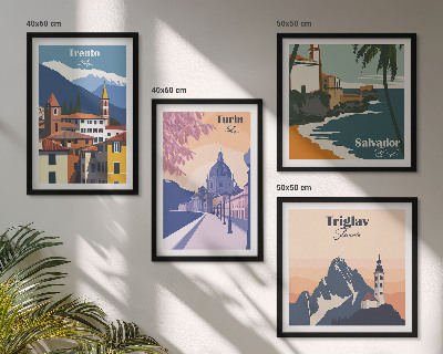 Set de 4 cuadros para salón Ilustraciones de arquitectura retro de montaña