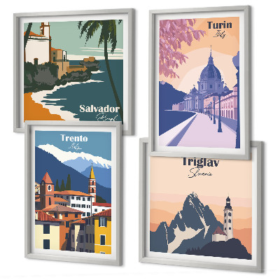 Set de 4 cuadros para salón Ilustraciones de arquitectura retro de montaña