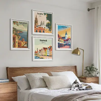 Set de cuadros modernos para salón diseño de arquitectura de ciudades costeras