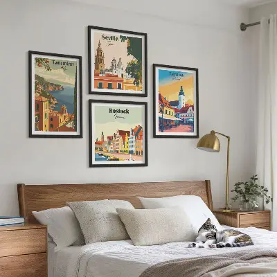 Set de cuadros modernos para salón diseño de arquitectura de ciudades costeras