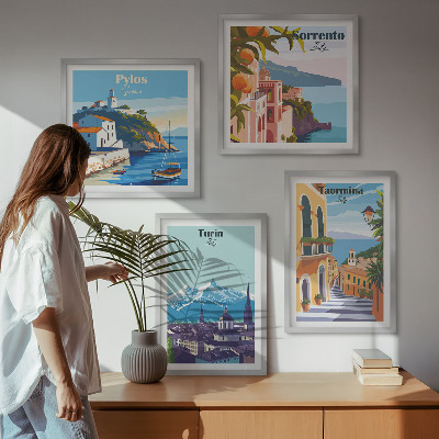 Galería de pared Ilustraciones coloridas de ciudades retro