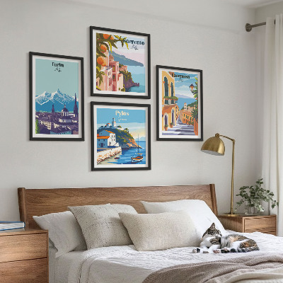 Galería de pared Ilustraciones coloridas de ciudades retro