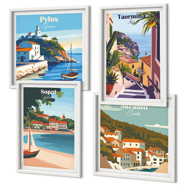 Set de 4 cuadros para salón Ilustraciones de pueblos costeros