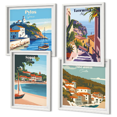 Set de 4 cuadros para salón Ilustraciones de pueblos costeros