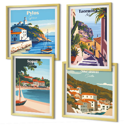 Set de 4 cuadros para salón Ilustraciones de pueblos costeros