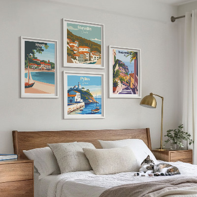 Set de 4 cuadros para salón Ilustraciones de pueblos costeros