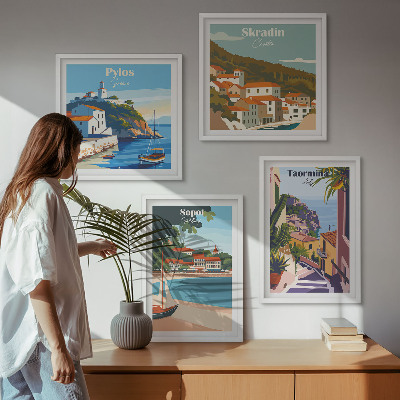 Set de 4 cuadros para salón Ilustraciones de pueblos costeros