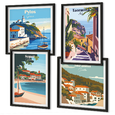 Set de 4 cuadros para salón Ilustraciones de pueblos costeros