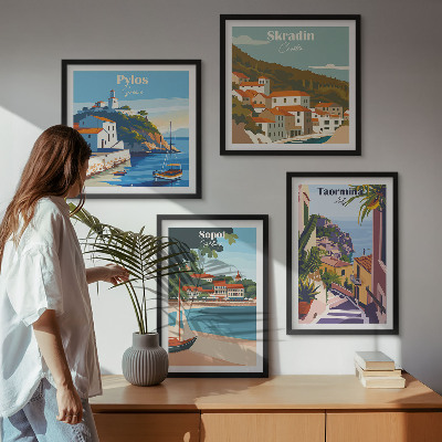 Set de 4 cuadros para salón Ilustraciones de pueblos costeros