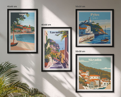 Set de 4 cuadros para salón Ilustraciones de pueblos costeros
