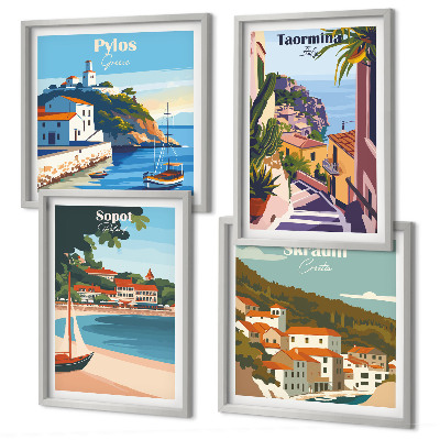 Set de 4 cuadros para salón Ilustraciones de pueblos costeros