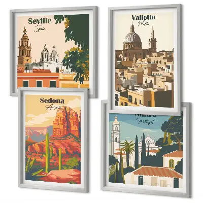 Galería de pared con paisajes urbanos retro de Sedona y Sintra