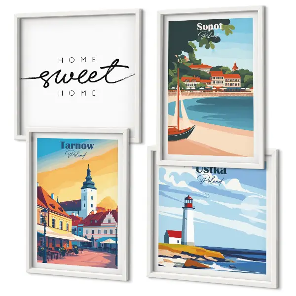 Set de 4 cuadros decorativos para salón con paisajes de ciudades polacas