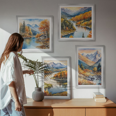 Set de cuadros modernos para salón Vistas de montaña, río, otoño