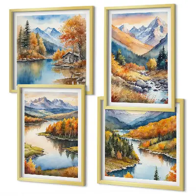 Set de cuadros modernos para salón con paisajes de montaña y río en otoño