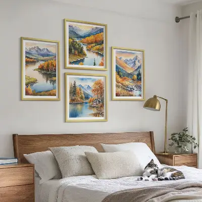 Set de cuadros modernos para salón con paisajes de montaña y río en otoño