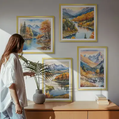 Set de cuadros modernos para salón con paisajes de montaña y río en otoño