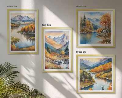 Set de cuadros modernos para salón con paisajes de montaña y río en otoño