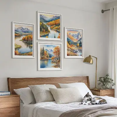 Set de cuadros modernos para salón con paisajes de montaña y río en otoño