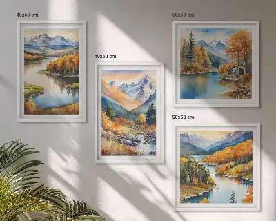 Set de cuadros modernos para salón con paisajes de montaña y río en otoño
