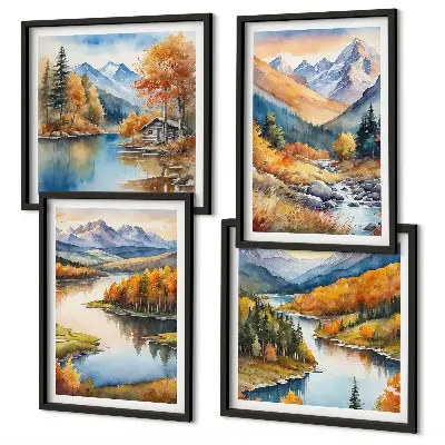 Set de cuadros modernos para salón con paisajes de montaña y río en otoño
