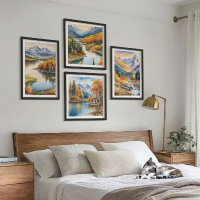 Set de cuadros modernos para salón con paisajes de montaña y río en otoño