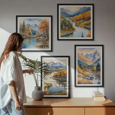 Set de cuadros modernos para salón con paisajes de montaña y río en otoño