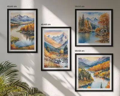 Set de cuadros modernos para salón con paisajes de montaña y río en otoño