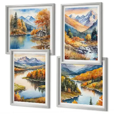Set de cuadros modernos para salón con paisajes de montaña y río en otoño