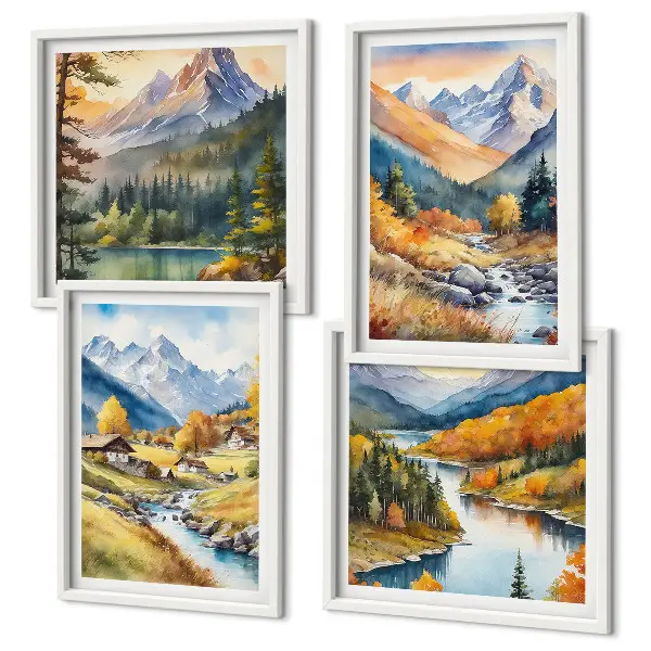 Set de 4 cuadros para salón paisaje de montaña con río y cabañas