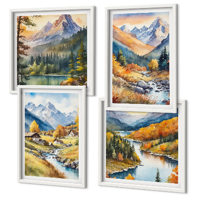 Set de 4 cuadros para salón Paisaje montañoso, río, cabañas