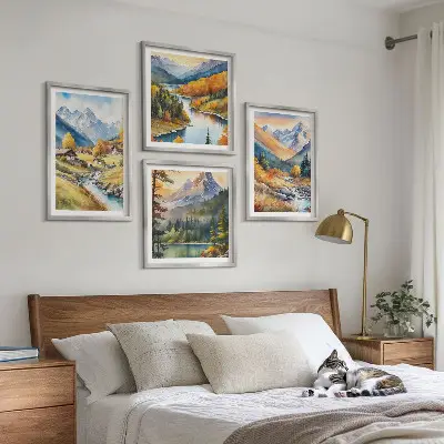 Set de 4 cuadros para salón paisaje de montaña con río y cabañas