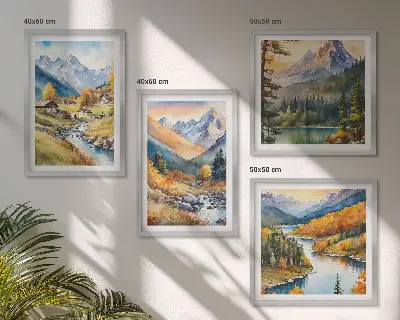 Set de 4 cuadros para salón paisaje de montaña con río y cabañas