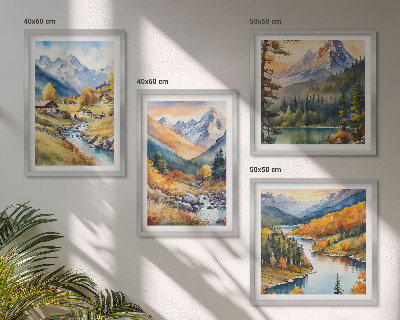 Set de 4 cuadros para salón Paisaje montañoso, río, cabañas