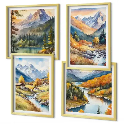 Set de 4 cuadros para salón paisaje de montaña con río y cabañas