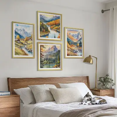 Set de 4 cuadros para salón paisaje de montaña con río y cabañas