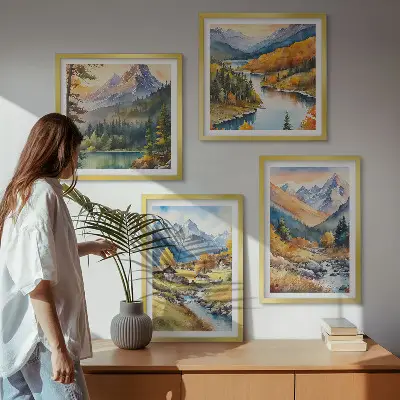 Set de 4 cuadros para salón paisaje de montaña con río y cabañas