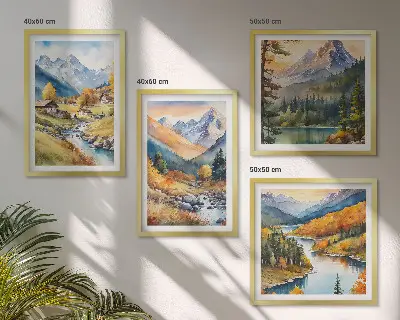 Set de 4 cuadros para salón paisaje de montaña con río y cabañas