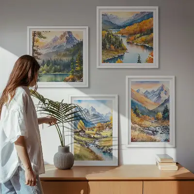 Set de 4 cuadros para salón paisaje de montaña con río y cabañas