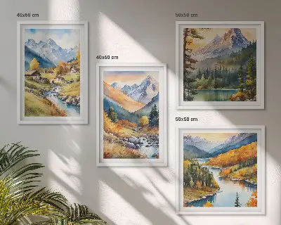 Set de 4 cuadros para salón paisaje de montaña con río y cabañas