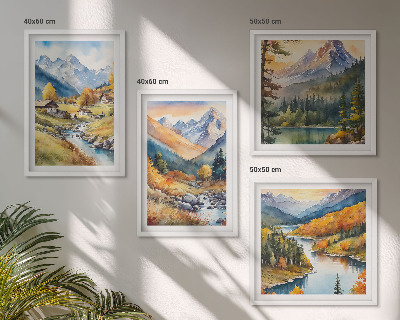 Set de 4 cuadros para salón Paisaje montañoso, río, cabañas
