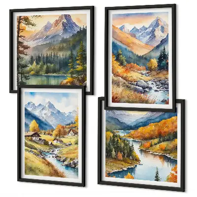 Set de 4 cuadros para salón paisaje de montaña con río y cabañas