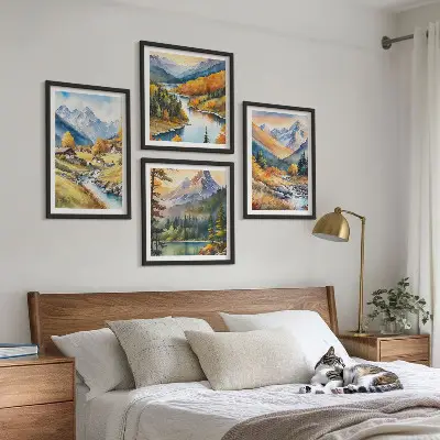 Set de 4 cuadros para salón paisaje de montaña con río y cabañas