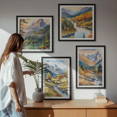 Set de 4 cuadros para salón paisaje de montaña con río y cabañas