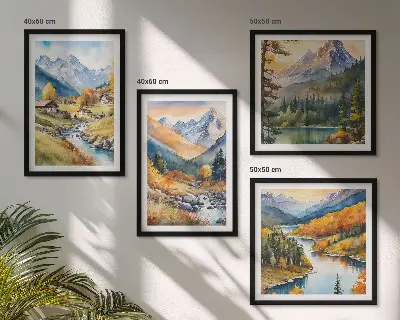 Set de 4 cuadros para salón paisaje de montaña con río y cabañas