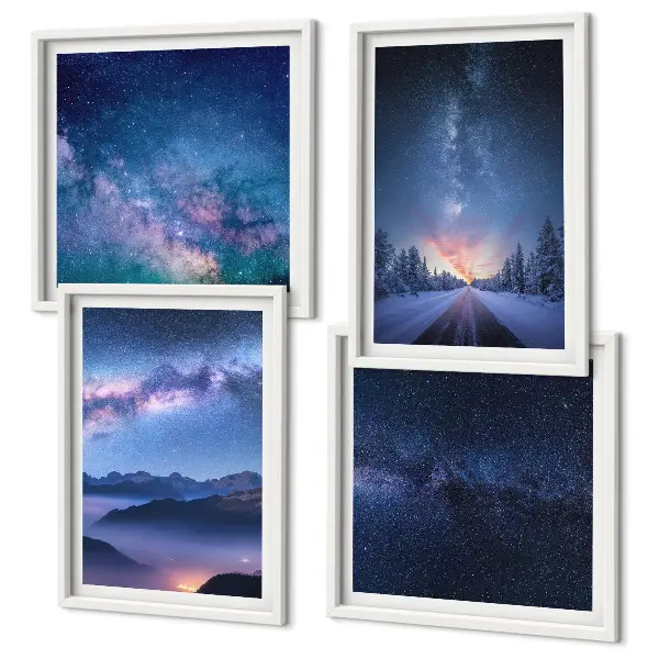 Set de cuadros modernos para salón con diseño de cielo nocturno con montañas nevadas y espacio