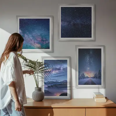 Set de cuadros modernos para salón con diseño de cielo nocturno con montañas nevadas y espacio