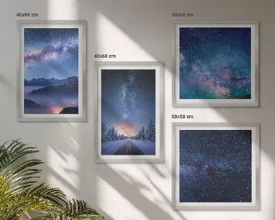 Set de cuadros modernos para salón con diseño de cielo nocturno con montañas nevadas y espacio